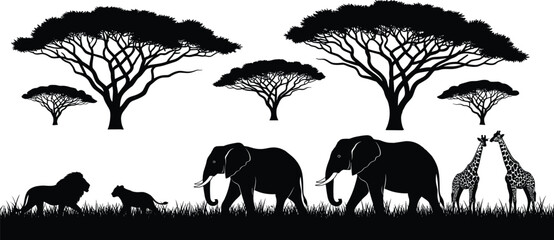 African savanna silhouette, acacia trees, lion cub, elephants, giraffes, wildlife art, nature illustration, safari landscape, biodiversity, animal silhouettes, ecosystem design © Fenshi