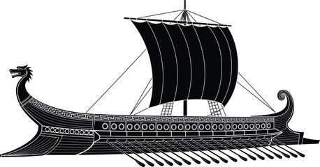 Ancient Greek trireme warship illustration, historic naval vessel art, maritime battle ship design, classical oared galley, cultural heritage concept © Fenshi