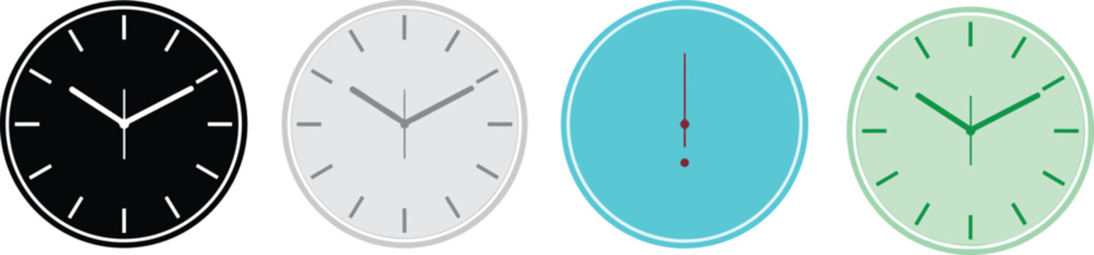 Analog clock designs illustration, time display concept art, watch face graphic representation, hour minute indicator symbol, timekeeping element set