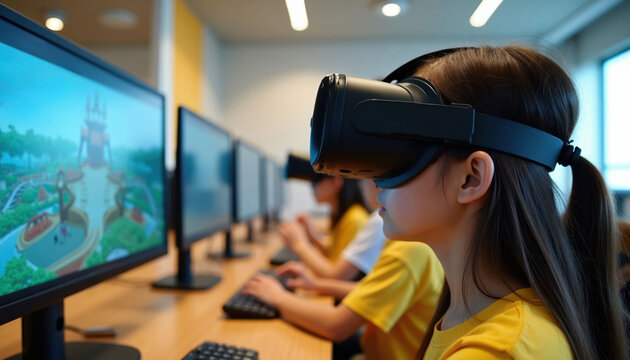 Young students wear VR headsets in a computer lab. Children learn with virtual reality technology. Digital education system uses immersive tech for lessons.