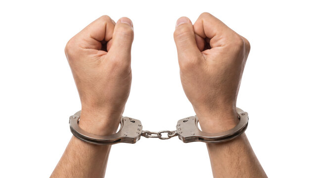 Hands in metal handcuffs isolated on transparent background, arrest and crime concept. 