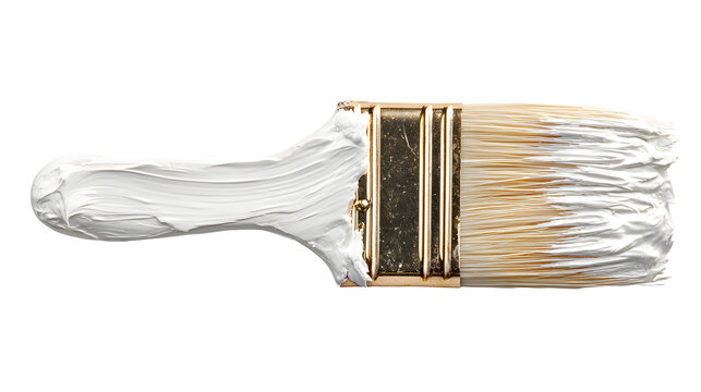 art tool cutout of paint brush coated with white paint, realistic bristles and fresh paint texture, sharp focus, clean edges high definition, isolated on white background