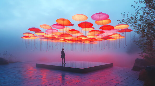 Balloon Installation with Floating Umbrellas