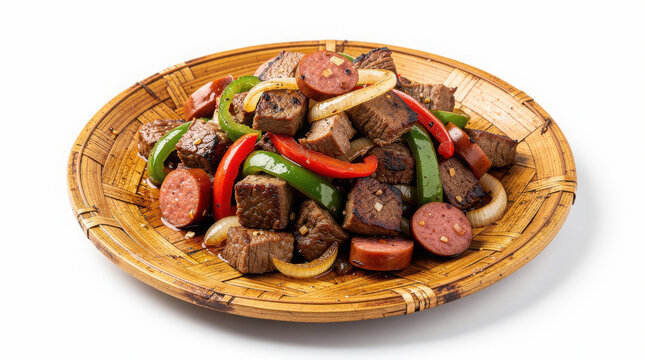 Discada Mixed Meat on Bamboo Plate 30 Degree Angle Isolated on White Background Studio Image