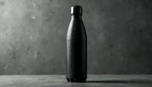 Black matte water bottle covered in condensation droplets sits on textured concrete surface. Minimalist hydration container for drinks, office or gym use. Kepic liquids cold.