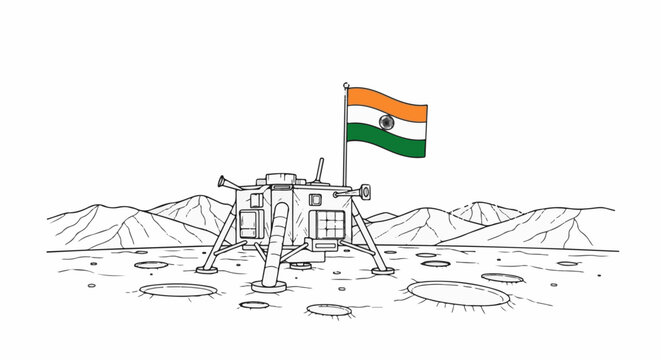 Lunar lander with flag on barren moonscape with mountains in background