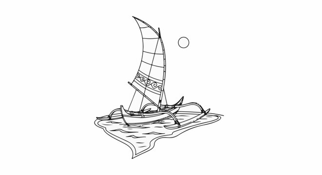 Line drawing of a traditional outrigger canoe sailing on the ocean