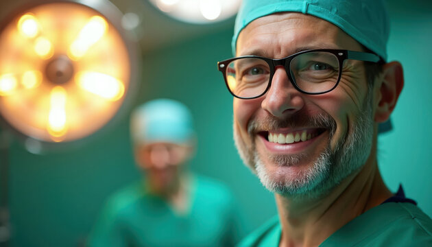 Smiling surgeon in green scrubs and glasses. Operating room lights shine brightly in background. Pro medical practitioner at work in hospital.