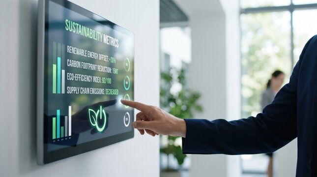 Business executive interacting with sustainability metrics dashboard on digital screen, analyzing carbon footprint reduction and eco-efficiency data for corporate responsibility