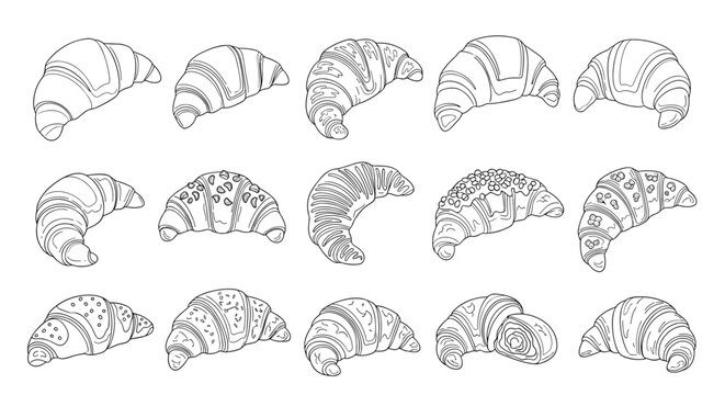 Delicious bakery pattern showcasing various types of detailed hand drawn croissants in a vintage sketch style.