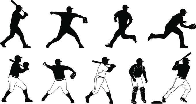 Baseball player silhouettes in action poses, batting pitching fielding catching artwork, sports illustration design, athletic character graphic, dynamic game concept