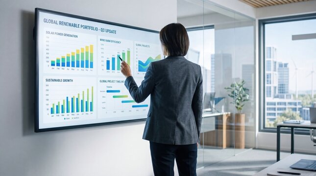 Business woman presenting global renewable portfolio update on large wall display screen with bar charts and graphs in modern glass office with city view.
