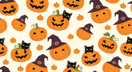 Fototapeta premium Fun Halloween pattern featuring carved jack-o-lantern pumpkins and cute black cat characters wearing purple witch hats.