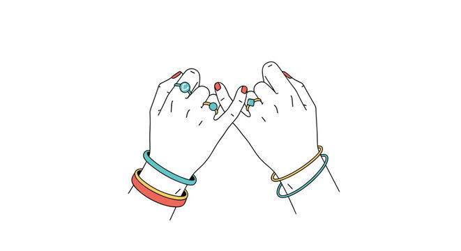 Close up of two hands with rings and bracelets making a pinky swear promise against a plain white background.
