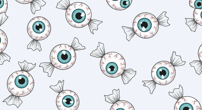 Spooky seamless pattern of eyeballs wrapped like candies in paper for halloween party decorations and sweet treats themes.