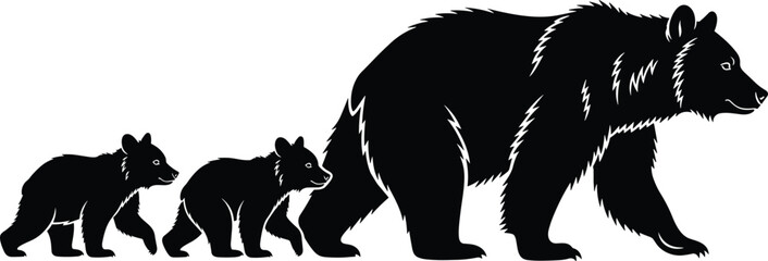Bear family silhouette, mother bear, cubs walking, wildlife art, nature illustration, black design, protective animal, nurturing symbol, forest ecosystem © Fenshi