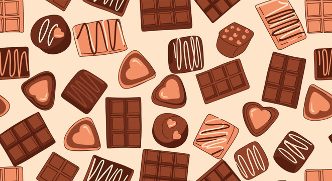 Delicious seamless pattern of various chocolate bars, pralines, and truffles in heart and square shapes on a warm background.