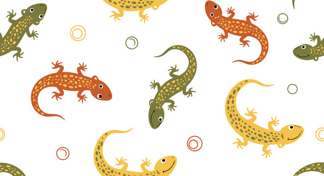 Playful seamless pattern of colorful salamanders or lizards and geometric circles on a clean white background for kids textile.