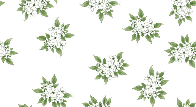 Elegant seamless pattern of small white flower clusters and green leaves scattered on a white background for spring floral textiles.