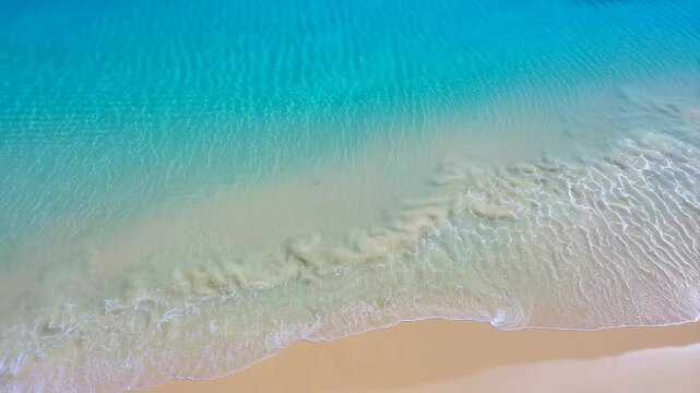 Aerial view of tranquil turquoise ocean waves gently lapping against a sandy beach. Ideal for relaxation, travel, and nature-themed projects