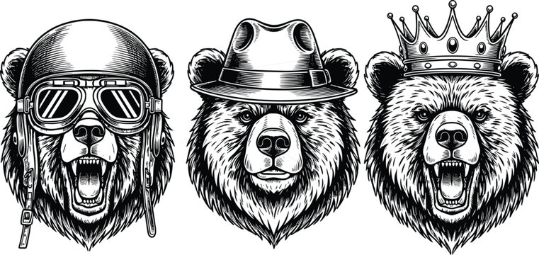 Bear heads silhouette illustration, black and white artwork, pilot helmet roaring bear, fedora hat stern bear, crown royal roaring bear