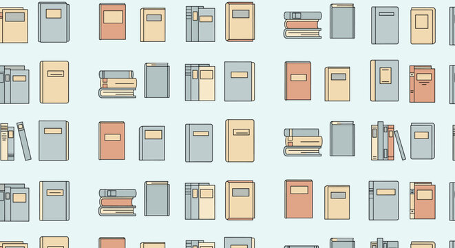 Educational seamless pattern showing various hardback books in different colors and sizes arranged in rows on a pale blue background for library.
