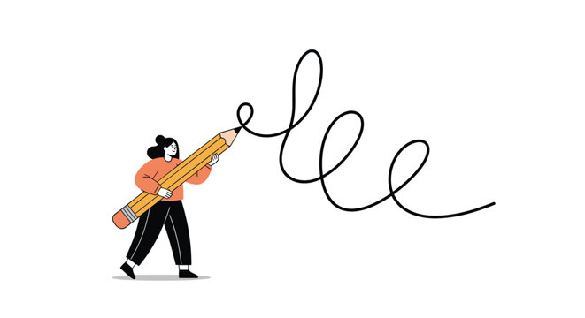 Simple illustration of a girl holding a giant pencil and drawing a long loopy line, symbolizing creativity, education, and artistic expression.
