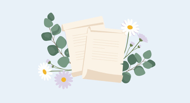 Elegant arrangement of two blank scrolls or letters surrounded by eucalyptus branches and delicate flowers on a soft blue base for invitations.