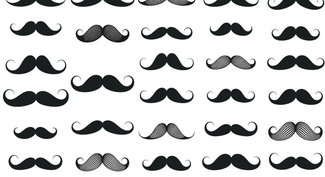 Comprehensive collection of diverse black mustache styles and shapes in a clean grid layout for grooming or character design.