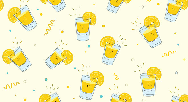 Fun seamless pattern with small shot glasses of yellow liquid decorated with lemon slices and cute happy faces on a pale yellow.