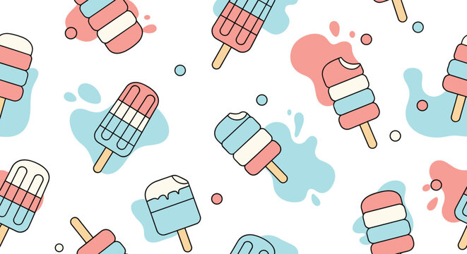 Refreshing summer seamless pattern with colorful red, white, and blue popsicles on sticks with liquid splash backgrounds.