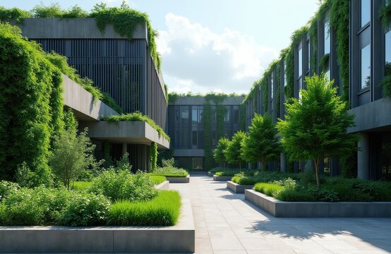 Modern building architecture integrates vertical gardens, green rooftop. Plants cover concrete structure, creating eco friendly urban landscape. Sustainable design shows nature, building harmony.