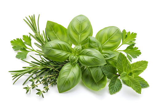 Fresh green herbs including basil rosemary parsley thyme mint on white background