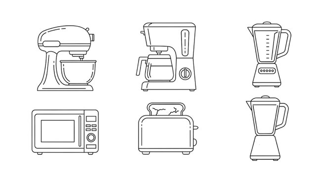 Kitchen Appliance CAD Block Set with Mixer, Coffee Maker, Blender, Microwave and Toaster Line Drawings for Interior Design