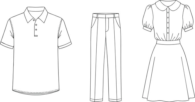 Black and white clothing illustration, polo shirt sketch, trousers drawing, vintage dress outline, fashion design template, garment pattern, apparel vector art