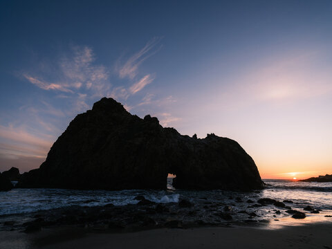 Pfeiffer Beach Keyhole Rock Arch Silhouette at Sunset Big Sur