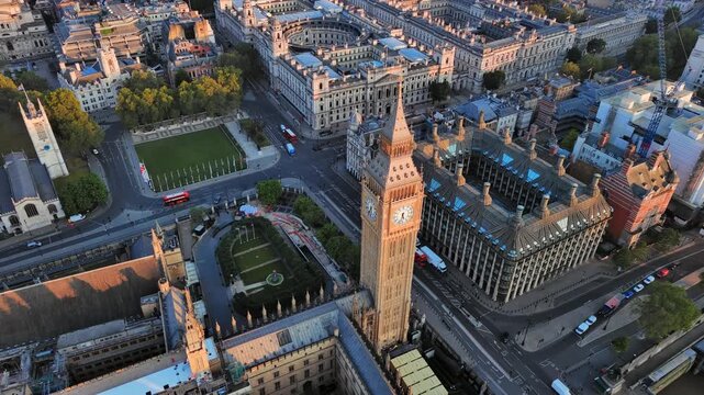 Aerial View of London, UK: Iconic Clock Tower, Big Ben and Palace of Westminster in Center of Capital City of United Kingdom of Great Britain and Northern Ireland at Sunrise