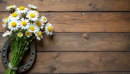 Obraz premium Bouquet of white chamomile flowers tied with rope rests on metal horseshoe. Rustic wooden planks serve as background. Natural decoration for country style.