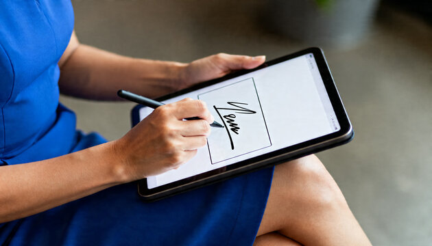 Digital Signature: A professional, elegantly dressed individual meticulously signs a digital document on a tablet. Capturing the essence of modern business and secure transactions.