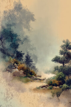 A soft, impressionistic watercolor painting of a dreamy landscape featuring trees shrouded in fog.