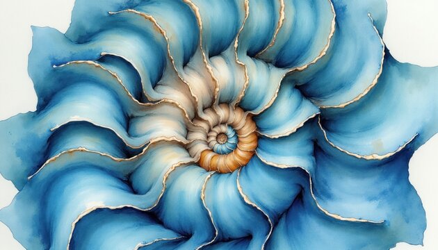 Intricate watercolor spiral pattern in calming sea blues, resembling a nautilus shell. Golden ratio inspires organic, flowing curves and detailed texture. Abstract natural art.