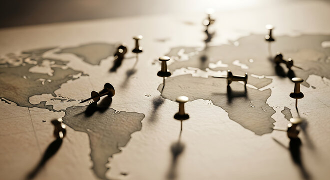 Global map with pins showing connections and routes for travel and business
