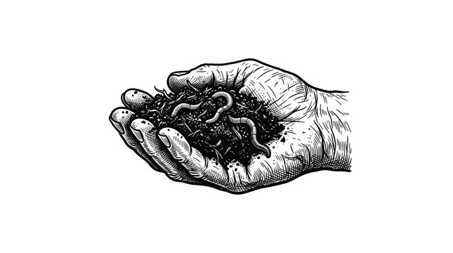 Detailed black and white line-art illustration of a human hand gently cradling a handful of rich dark compost teeming with active wriggling earthworms.