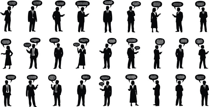 Business communication silhouette illustration, professional networking artwork, corporate discussion vector, speech bubble design, teamwork conversation graphic, office interaction concept
