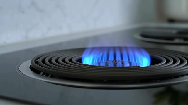 Close-up of a gas stove burner igniting with blue flames. Essential for cooking, representing energy efficiency and culinary preparation