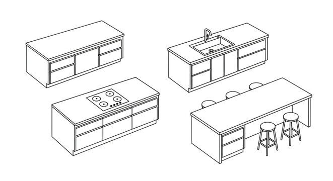 Kitchen Island CAD Blocks Set &ndash; Isometric Counter Units with Sink, Cooktop and Seating for Interior Design Layouts