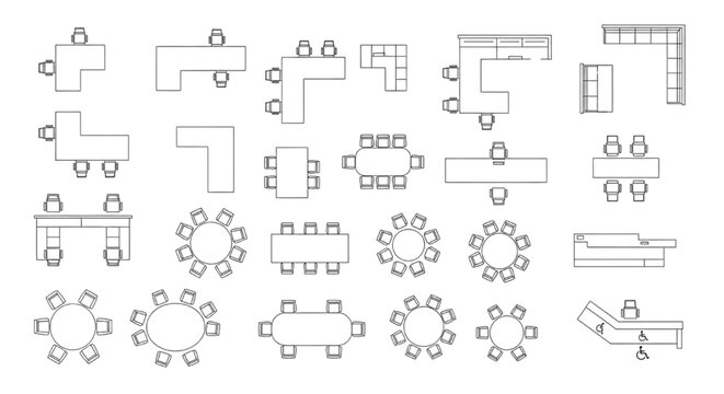 Office Desk Layout CAD Blocks Set &ndash; Workstations, Conference Tables and Reception Counters Top View Plans