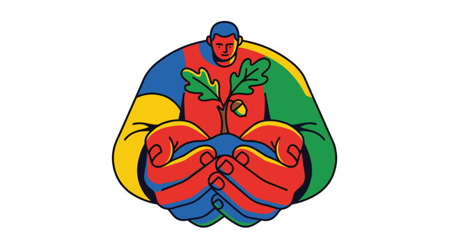 A person with large, colorful hands gently cradles a tiny oak sapling with a small acorn in a vibrant and symbolic composition of nature and protection.