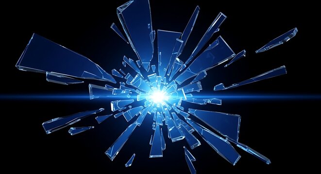 Explosion of blue glass shards with a bright light in the center explosion shattered