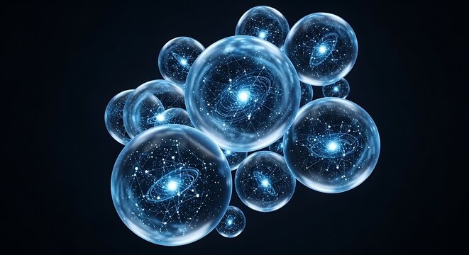 Cluster of glowing blue orbs with light trails in dark space abstract background abstract